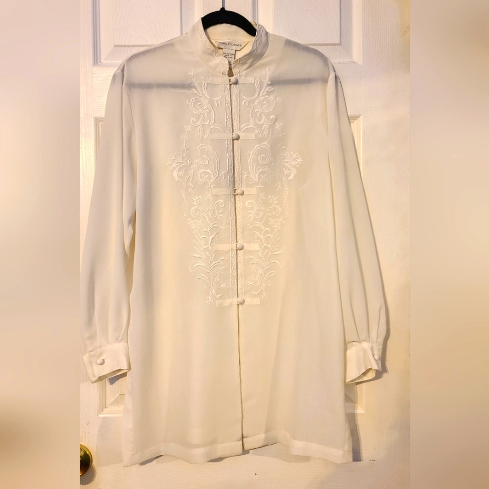 Vintage 80s Casual Corner white Long Sleeve Embroidered Large Blouse